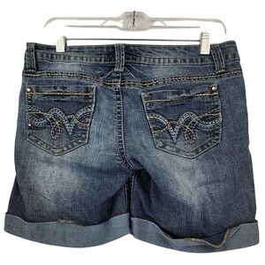 Truce 7 Blue Denim Shorts Cuffed Embroidered Pocket Y2K McBling Western Boho Mid